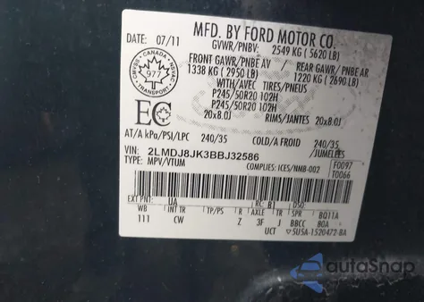 2011 Lincoln Mkx from USA, damaged, VIN 2LMDJ8JK3BBJ32586